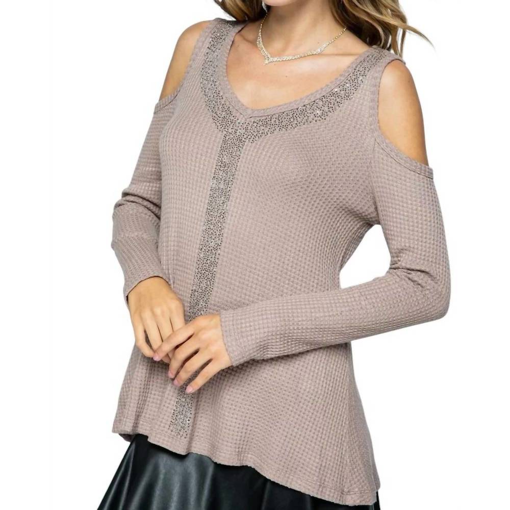 NEW VOCAL APPAREL long sleeve cold shoulder stud detail top in mocha